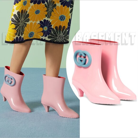GUCCI 37 pink GENE blue Interlocking G logo rubber ankle RAINBOOT Booties 724458 - Picture 1 of 10